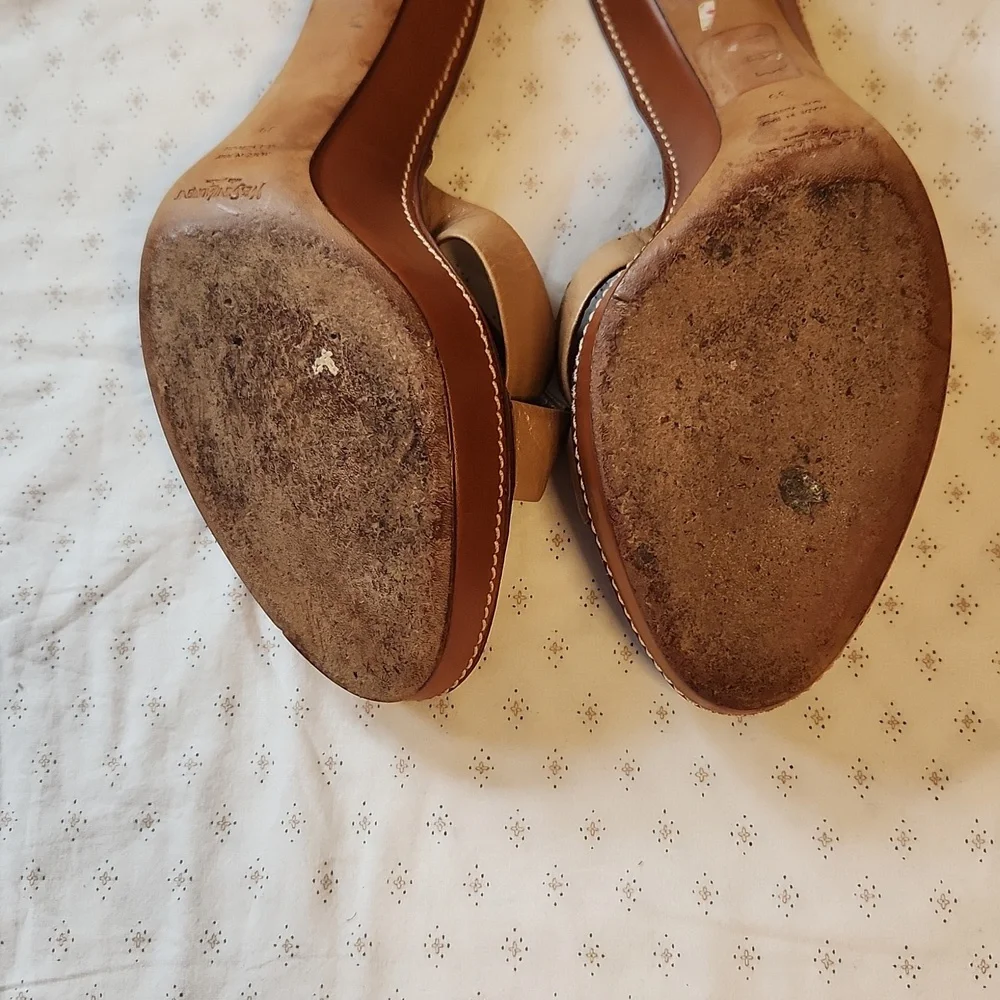 Yves Saint Laurent Tan Leather Cross-strap Heels Platform Slides Size 39/8.5